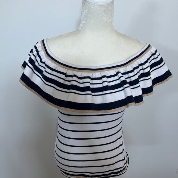 Lilly Pulitzer Perelle White Navy Gold Striped Off Shoulder Sweater Top Small - Picture 3 of 9